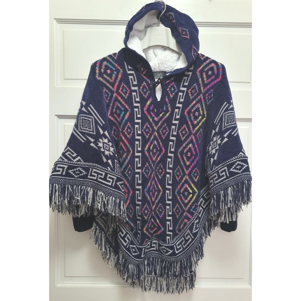 Lian Women's Boho Fringe Mexican Aztec Print Hooded Poncho - Blue - One Size
